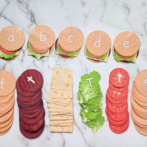 Coincidencia de alfabetos de Burger Building - Letras mayúsculas y minúsculas - Aprendizaje temprano - Aprendizaje preescolar- Descarga digital