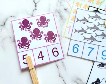 Counting Clip Cards Sea Animals - Number recognition - Early learning - Preschool learning- Digital Download