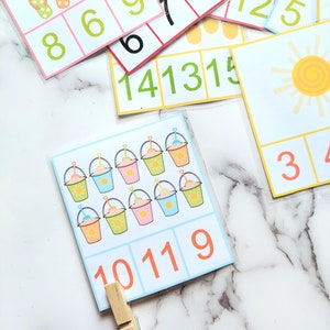Contando Clip Cards com tema de verão - Reconhecimento de números - Aprendizagem precoce - Aprendizagem pré-escolar - Download digital
