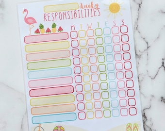 Responsibility Chart - checklist - kids summer chore chart - printable - Digital Download