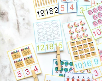 Counting Clip Cards Back to School - Number recognition - Early learning - Preschool learning- Digital Download