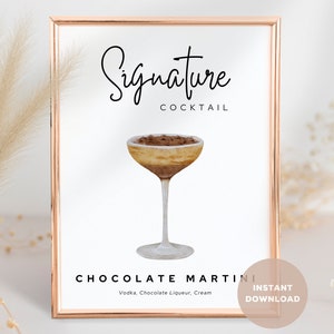 チョコレート マティーニ シグネチャー カクテル サイン、シグネチャー ドリンク バー サイン、ウェディング バー デコレーション、バー カート デコレーション、インスタント PDF および PNG デジタル ダウンロード