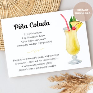 Tarjeta de recetas de cócteles Piña Colada, impresiones de bebidas alcohólicas para cestas de regalo y fiestas de verano. Descarga digital PDF y PNG imprimible instantánea