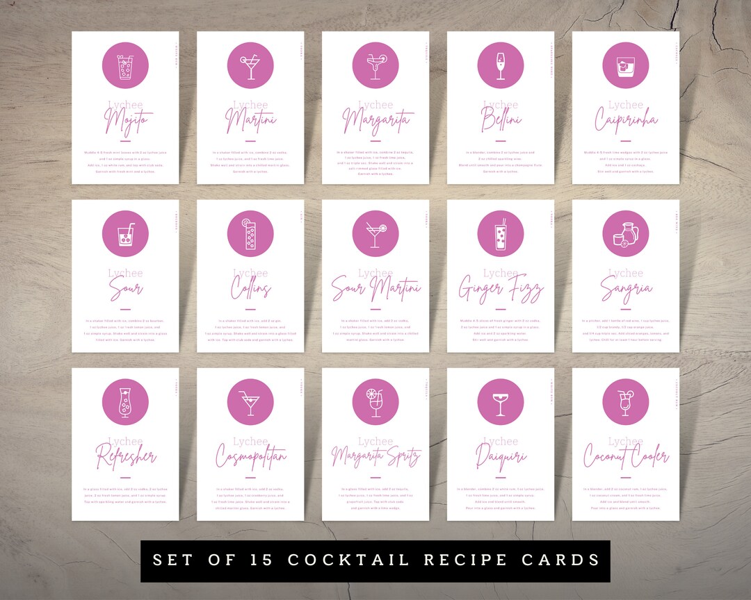 Cocktail Recipe Cards Lychee, Set of 15 Includes Lychee Martini