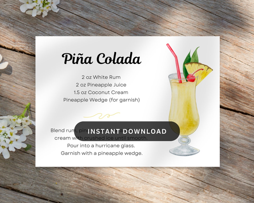 Piña Colada Cocktail Recipe Card, Digital Download, Cocktail Printable ...