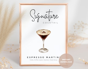 Espresso Martini Signature Cocktail-Schild, Signature Drink Bar Schild, Hochzeitsbardekor, Barwagen-Dekor, PDF & PNG druckbarer digitaler Download