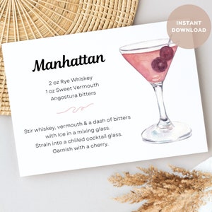 Biglietto con ricette per cocktail Manhattan, stampe di bevande alcoliche per cesti regalo di inaugurazione della casa e cocktail party. Download PDF e PNG stampabili istantanei