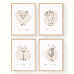 Neutral Cocktail Prints - Set of 4 Printables, Minimalist Beige Wall Art for modern living room decor, kitchen, bar or gallery.