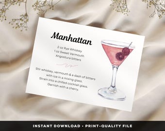 Manhattan Cocktail Recipe Card, Printable Bar Cart Art (PDF & PNG)