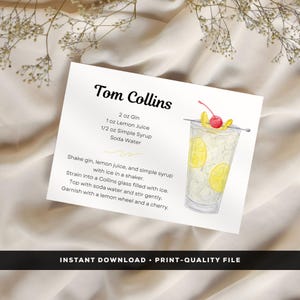 Tom Collins Cocktail Recipe Card, Digital Download, Cocktail Printable DIY, Alcohol drink prints. For gift baskets & cocktail parties