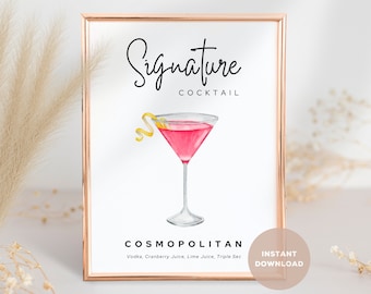 Insegna per cocktail Cosmopolitan Signature, insegna per bar con drink esclusivi, decorazione per bar per feste nuziali, decorazione per carrello bar, download digitale stampabile immediato