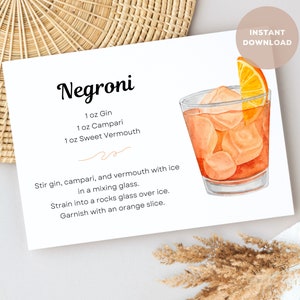 Negroni Cocktail Recipe Card, Download digitale, Cocktail stampabile fai da te, Stampe di bevande alcoliche. Per cesti regalo di gin e cocktail party