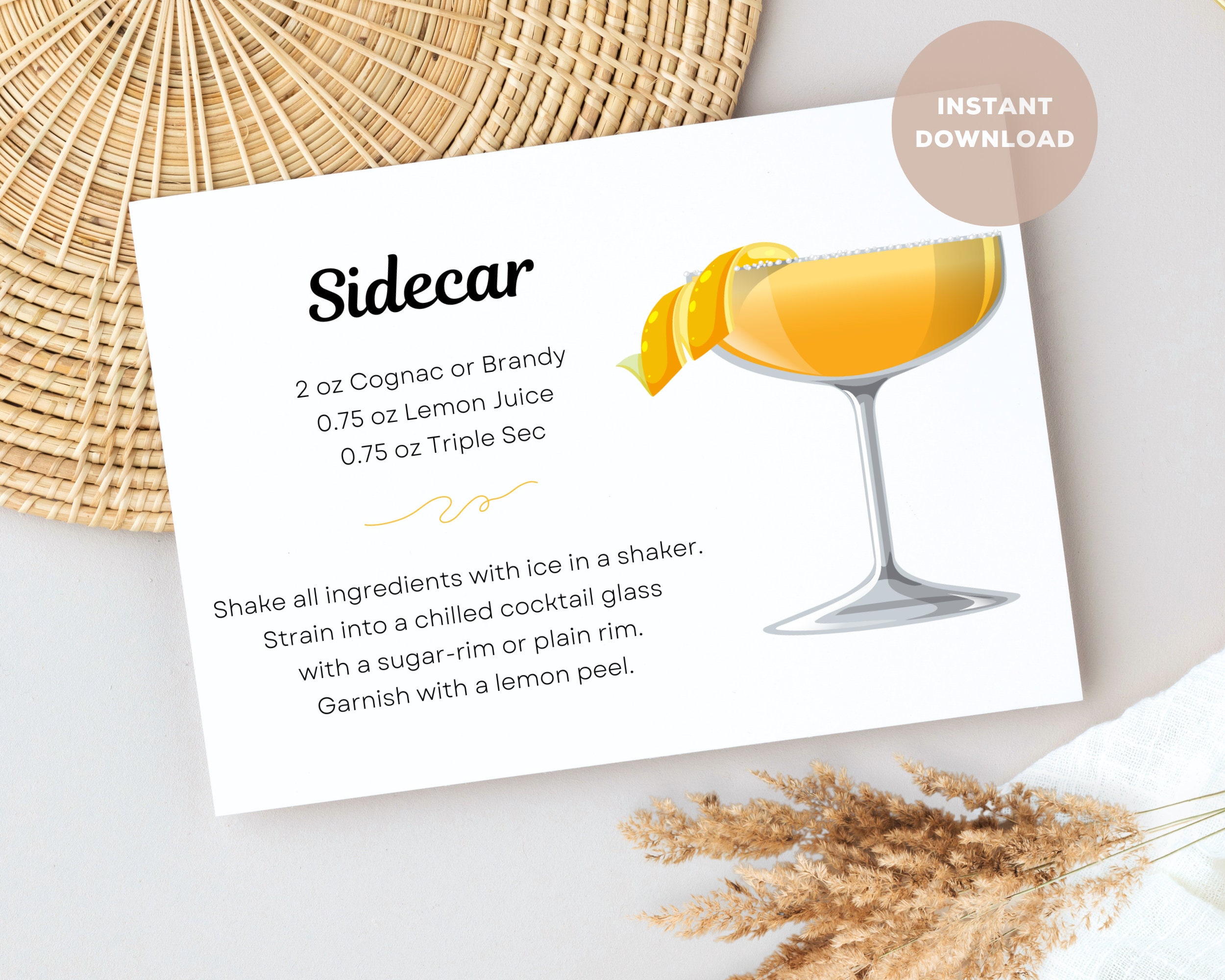 Sidecar Cocktail Recipe Card, Digital Download, Cocktail Printable