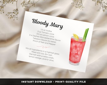 Bloody Mary Cocktail Recipe Card, Digital Download, Printable DIY, Alcohol drink prints - PDF & PNG. For gift baskets and cocktail parties