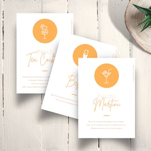 Biglietti stampabili con ricetta per cocktail alla pesca, set da 15 include Bellini alla pesca, sangria bianca, Martini. Per cesti regalo e cocktail party estivi