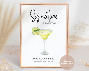 Margarita Signature Cocktail Sign, Signature Drink Bar Sign, Wedding Shower Bar Decor, Bar Cart Decor, Instant PDF & PNG Digital Download