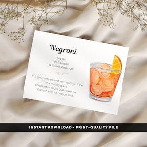Negroni Cocktail Recipe Card, Digital Download, Cocktail Printable DIY, Alcohol drink prints. For Gin gift baskets & cocktail parties