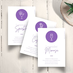 15 biglietti stampabili per ricette di cocktail alla lavanda, il set da 15 include lavanda francese 75, margarita, mimosa. Per cesti regalo e cocktail party