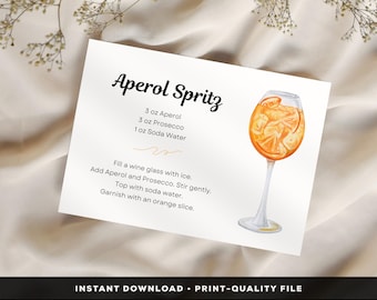 Aperol Spritz Cocktail Recipe Card, Digital Download, Cocktail Printable DIY, Alcohol drink prints. For gift baskets & cocktail parties