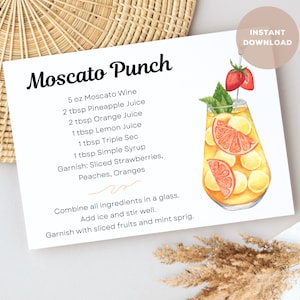 Moscato fruitpunch cocktailreceptkaart, prints van alcoholische dranken voor cadeaumanden en zomerfeesten. Directe afdrukbare pdf en png-download