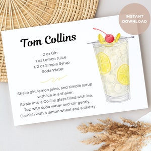 Scheda con ricetta per cocktail Tom Collins, download digitale, cocktail stampabile fai-da-te, stampe di bevande alcoliche. Per cesti regalo e cocktail party