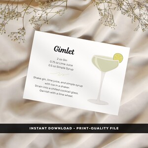 Gimlet Cocktail Recipe Card, Digital Download, Gin Cocktail Printable DIY, Alcohol drink prints. For gift baskets & cocktail parties