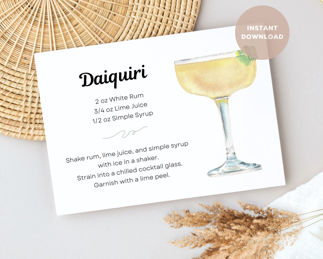 Daiquiri Cocktail Recipe Card, Digital Download, Printable DIY