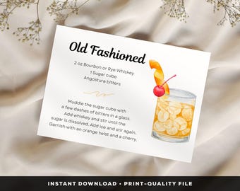 Old Fashioned Cocktail Recipe Card, Digital Download, Cocktail Printable DIY, Cocktail Party Card, Cocktail card for Bourbon gift basket