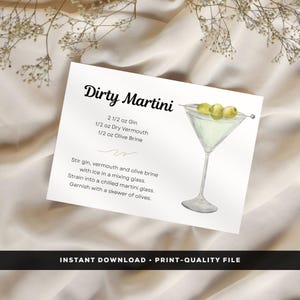 Dirty Martini Cocktail Recipe Card, Alcohol drink prints for gift baskets and cocktail parties. Instant Printable PDF & PNG Digital Download