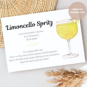 Limoncello Spritz Cocktail-Rezeptkarte, Alkoholgetränkdrucke für Geschenkkörbe und Sommerpartys. Druckbare PDF & PNG Digitaler Download