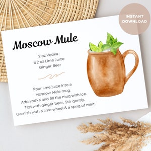 Biglietto con ricette per cocktail Moscow Mule, stampe di bevande alcoliche per cesti regalo di inaugurazione della casa e cocktail party. Download stampabile in formato PDF e PNG