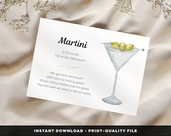 Martini Recipe Card, Cocktail Printable (Digital Download), For gift baskets and cocktail parties