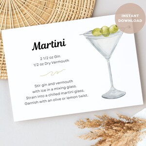 Carta di ricette per cocktail Martini, download digitale, cocktail stampabile fai da te, carta per cocktail party, carta cocktail per cesto regalo