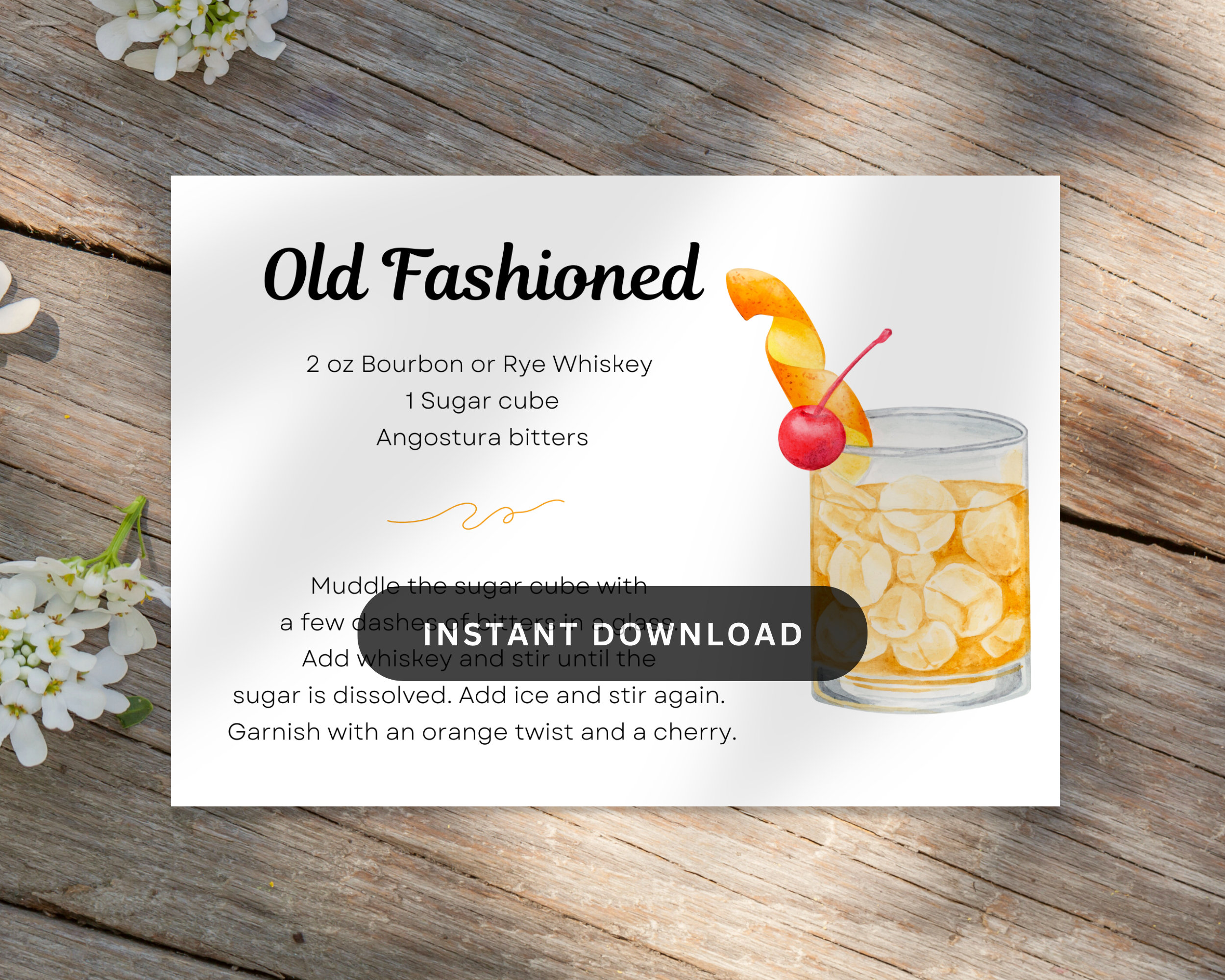Old Fashioned Cocktail Recipe Card, Digital Download, Cocktail ...