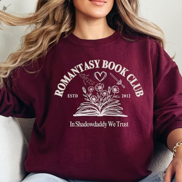 Romantasy Book Club Sweater, Country Club Style Sweatshirt, Gift for Reader, Available up to 5XL - Dark Colors White Writing