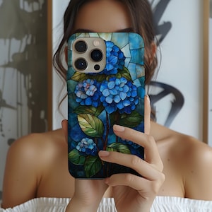 Capa de celular floral para iPhone, capa de celular com vitral de hortênsia, capa resistente de mosaico floral, vitral com flores, capa para Samsung Google Pixel