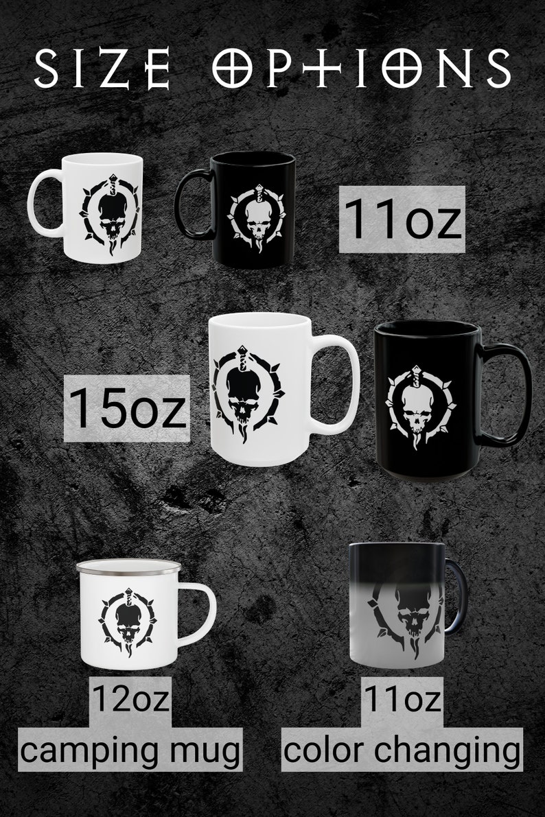 May include: White and black ceramic mugs with a skull and sword design. The mugs are available in 11 oz, 15 oz, and 12 oz sizes. There is also a 11 oz color changing mug.