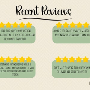 May include: Five-star reviews for a product with text that reads "I love this shirt for my weekend relaxation time. It's perfect for me and is so comfy! Thank you!!"  "Adorable. It's exactly what I wanted for my Stardew Playthroughs. Thank you!" "Outstanding customer service! Ashley is incredibly friendly and very pleasant to work with. Very quick shipping and great quality stickers." "I can't wait to wear this on stream! My followers are going to love it!!"