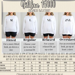 May include: Size chart for Gildan 13000 crewneck sweatshirts. The chart shows the width, length, and sleeve length in inches for sizes S through 5XL. The chart also includes descriptions of the fit for each size: fitted, regular, relaxed, and oversized.