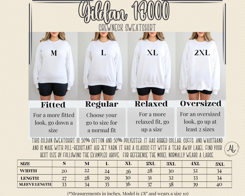 May include: Size chart for Gildan 13000 crewneck sweatshirts. The chart shows the width, length, and sleeve length in inches for sizes S through 5XL. The chart also includes descriptions of the fit for each size: fitted, regular, relaxed, and oversized.