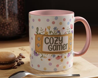 Cozy Gamer Coffee Mug, Pink Handle, Cute Desk Accessory