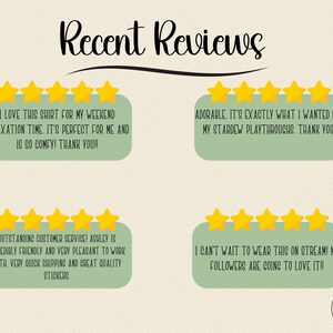 May include: Five-star reviews for a product with text that reads "I love this shirt for my weekend relaxation time. It's perfect for me and is so comfy! Thank you!!"  "Adorable. It's exactly what I wanted for my Stardew Playthroughs. Thank you!" "Outstanding customer service! Ashley is incredibly friendly and very pleasant to work with. Very quick shipping and great quality stickers." "I can't wait to wear this on stream! My followers are going to love it!!"