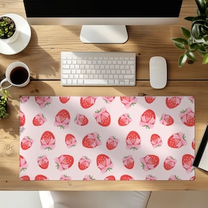 Strawberry Gaming Mouse Pad Pink Desk Mat Coquette Bows Desk Setup Gamer Girl Setup Pretty Girly Room Aesthetic XL Desk pad Dorm Room Kawaii