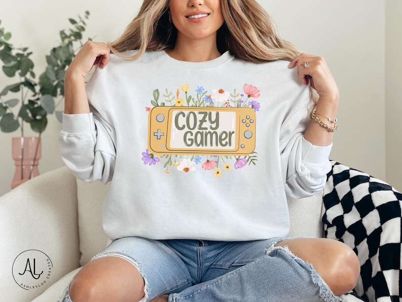 Cozy Gamer Sweatshirt Gift for Video Gamer Switch Gamer pullover Gamer Girl Outfit Twitch Streamer Shirt Cute Floral Girly Sweater Gildan White