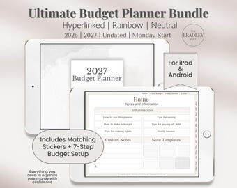 May include: A digital budget planner bundle displayed on two tablets. The screens show a 2027 budget planner and a home screen with information and note templates. Includes matching stickers and a 7-step budget setup. Text reads "Ultimate Budget Planner Bundle".