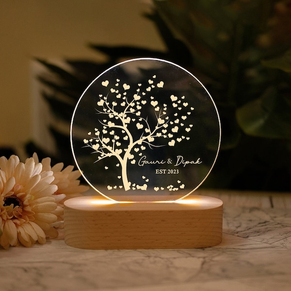 Arbre d'amour Veilleuse pour couple, Veilleuse avec le nom du couple, Cadeau romantique pour couple, Cadeau d'anniversaire de couple, Veilleuse LED