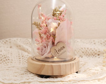 Fleur éternelle avec dôme en verre LED/fleur éternelle pour femme Fête des mères Anniversaire/Décoration de bureau/Cadeau de mariage