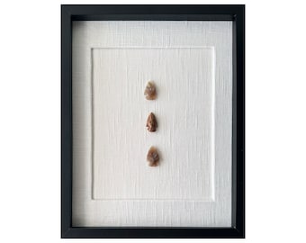 Framed Arrowheads - Natural Stone - Ivory Linen Matting - Shadowbox Frame - Black Frame -Natural Modern Wall Decor