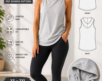 Women's Sleeveless Hoodie Sewing Pattern PDF, Hooded Tank Top, Knit Shirt Pattern, XS-3XL, A4, A0, US Letter, Easy Sew