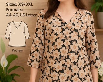 PDF Sewing Pattern Top, Top Sewing Pattern, 3/4 Length Sleeve Blouse Pattern, Blouse Pattern PDF, Comfy Top PDF Pattern, Patterning